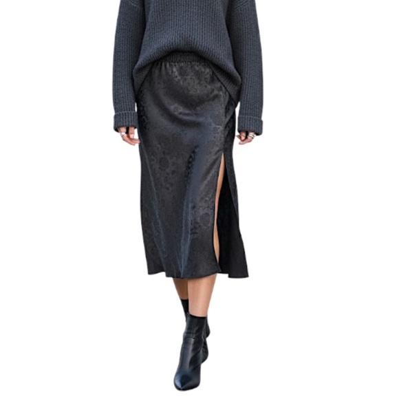 Black old money minimalist floral damask silky satin bias cut midi slip skirt L - Picture 1 of 13